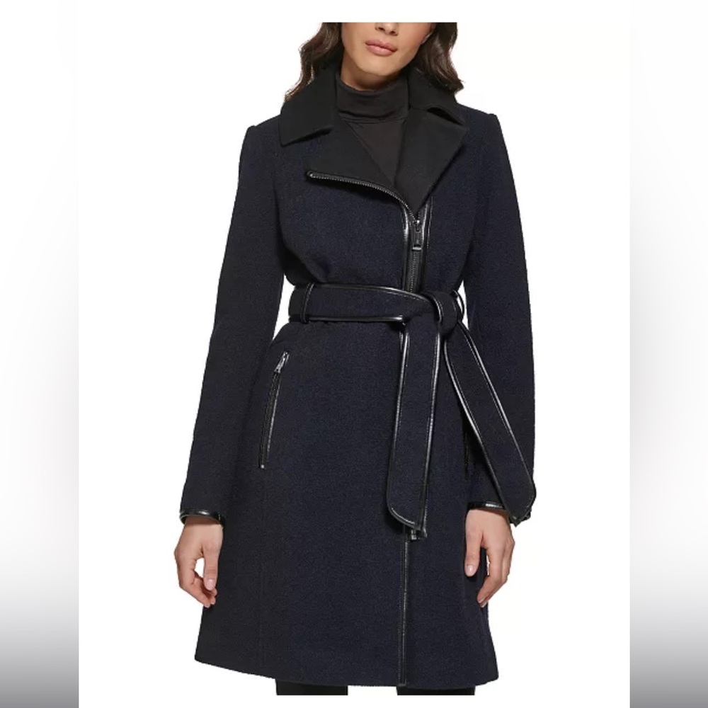 Guess Women's Asymmetrical-Zipper Wool Coat Navy Large